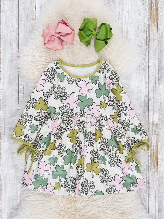 (Pre-order)GLD0506 Quatrefoil Print Girls St. Patrick's Knee Length Dress