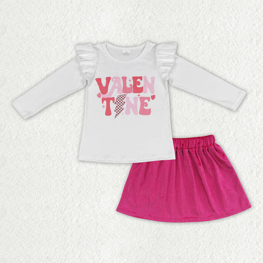GLD0507 VALEN TINE Top Hot Pink Velvet Skirts Girls Clothes Set