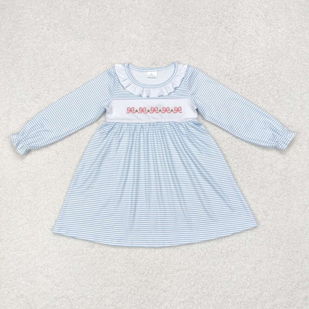 GLD0508 Bows Embroidery Blue Stripes Print Girls Knee Length Fall Dress