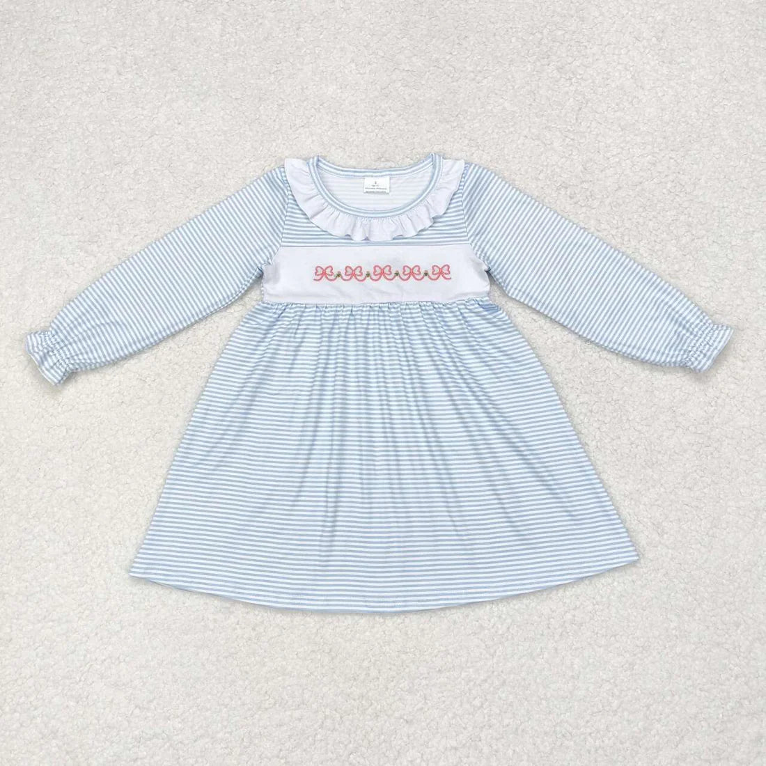 Bows Embroidery Blue Stripes Print Sister Matching Clothes