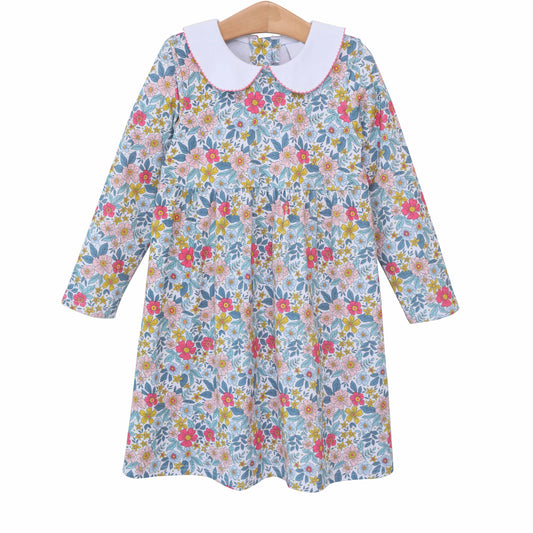 (Pre-order)GLD0514 Flowers Print Girls Knee Length Long Sleeve Dress