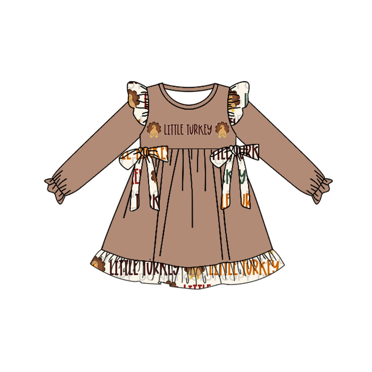 (Pre-order)GLD0518 Little Turkey Brown Print Girls Knee Length Fall Dress