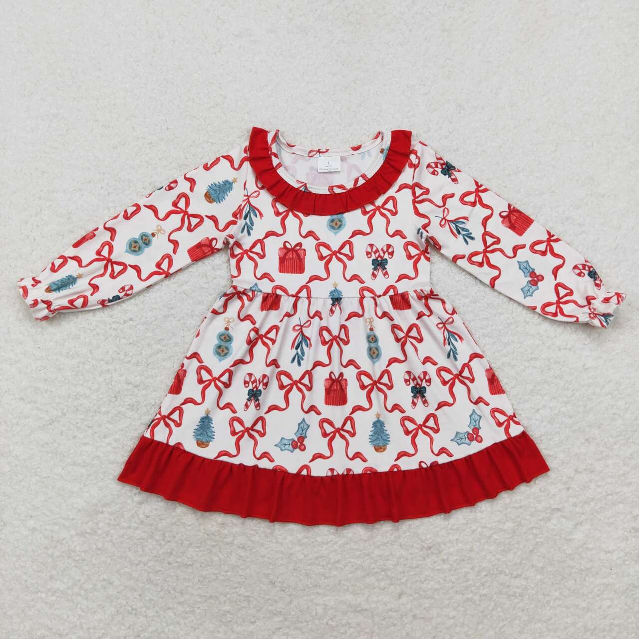 GLD0523 Candy Cane Bows Print Girls Knee Length Christmas Dress