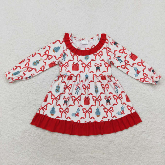 GLD0523 Candy Cane Bows Print Girls Knee Length Christmas Dress