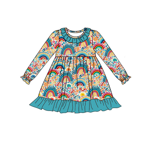 (Pre-order)GLD0524  Rainbow Print Girls Knee Length Fall Dress