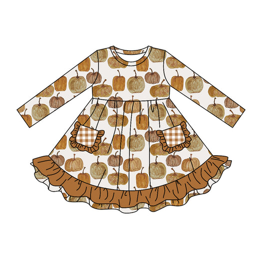 (Pre-order)GLD0529 Pumpkin Print Pockets Girls Knee Length Fall Dress