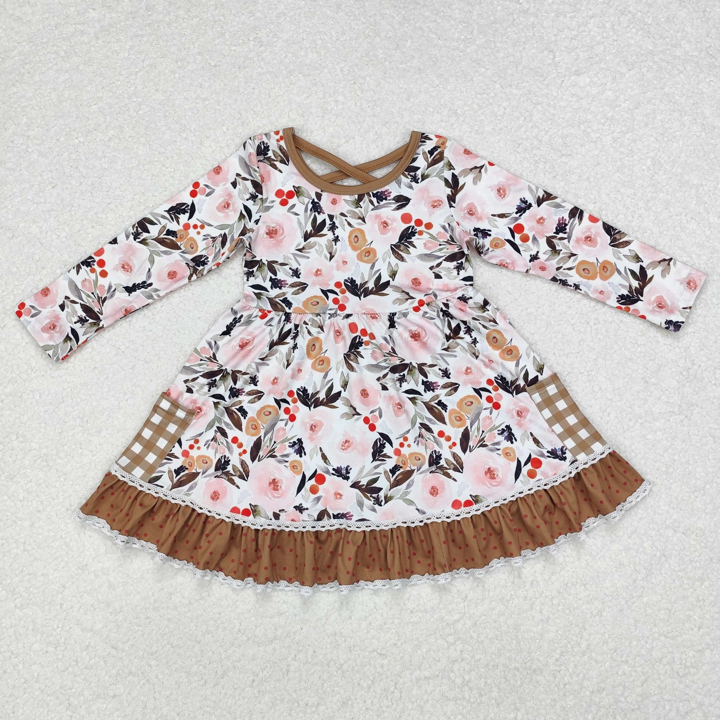 GLD0530 Flowers Print Pockets Girls Knee Length Fall Dress