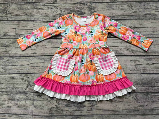 (Pre-order)GLD0532 Pumpkin Flowers Print Pockets Girls Knee Length Fall Dress
