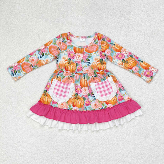 GLD0532 Pumpkin Flowers Print Pockets Girls Knee Length Fall Dress