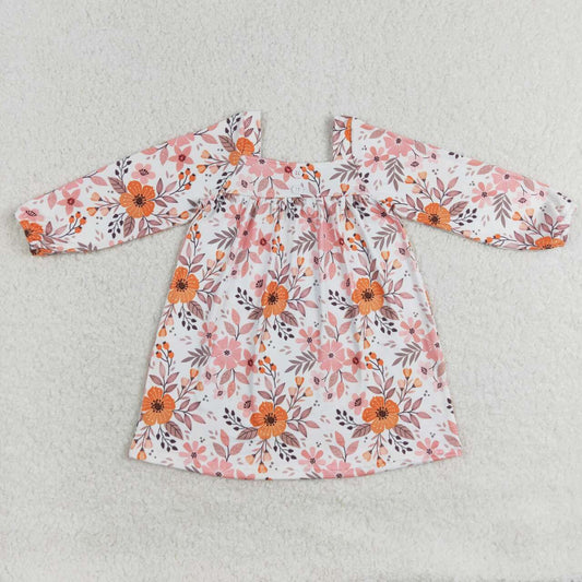 GLD0535 Orange Pink Flowers Print Girls Knee Length Fall Dress