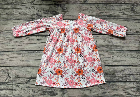 (Pre-order)GLD0535 Orange Pink Flowers Print Girls Knee Length Fall Dress
