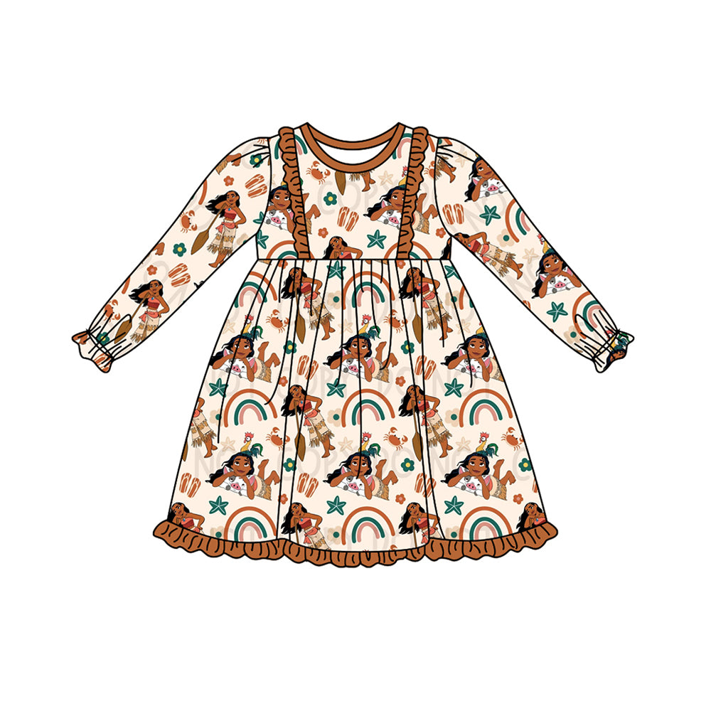 (Pre-order)GLD0536 Cartoon Princess Rainbow Print Girls Knee Length Fall Dress