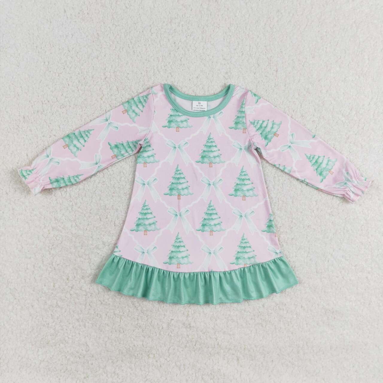 GLD0538 Christmas Tree Pink Print Girls Knee Length Dress