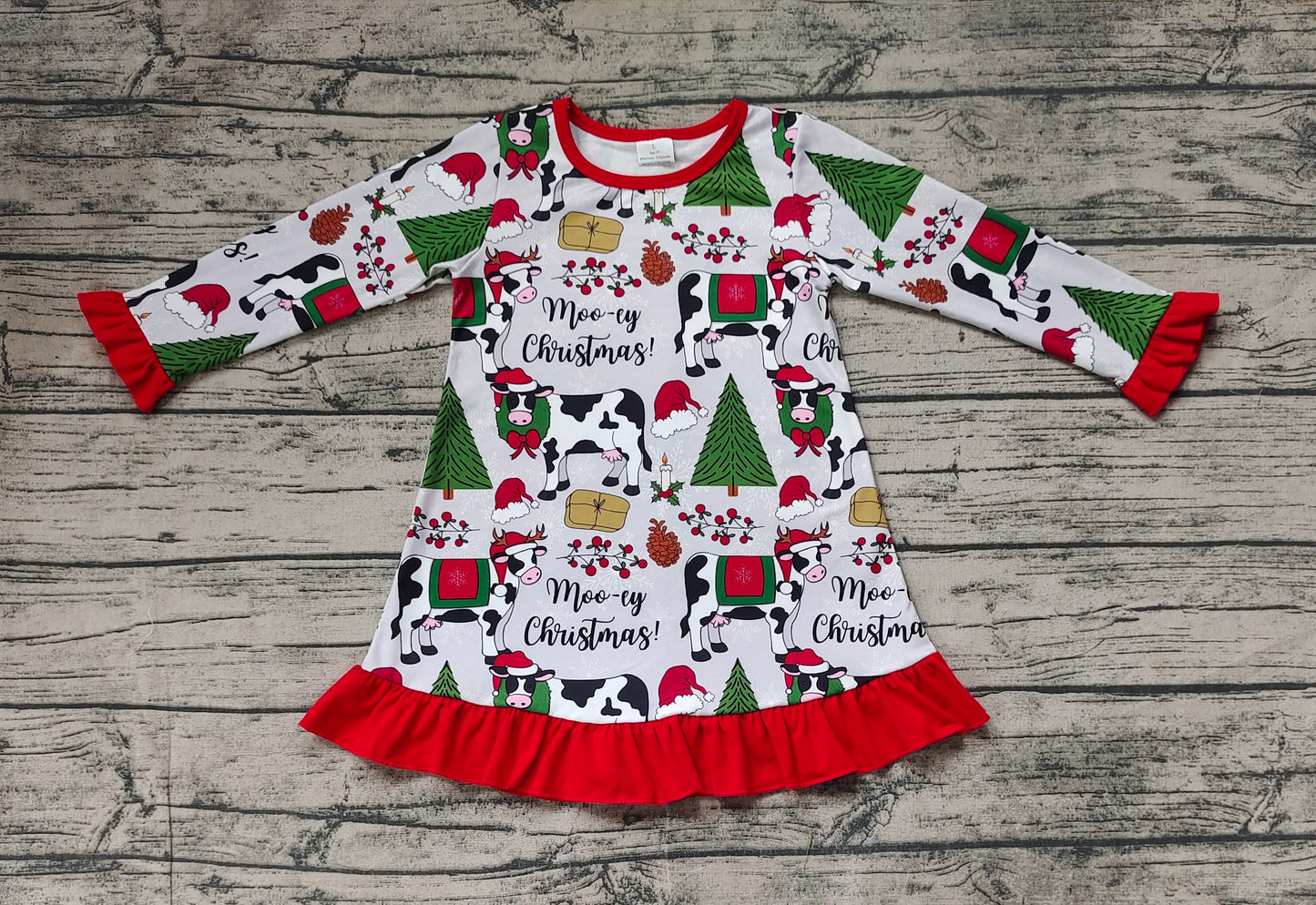 (Pre-order)GLD0539 Moo~Cow Print Girls Knee Length Christmas Dress