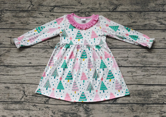 (Pre-order)GLD0540 Christmas Tree Print Girls Knee Length Dress