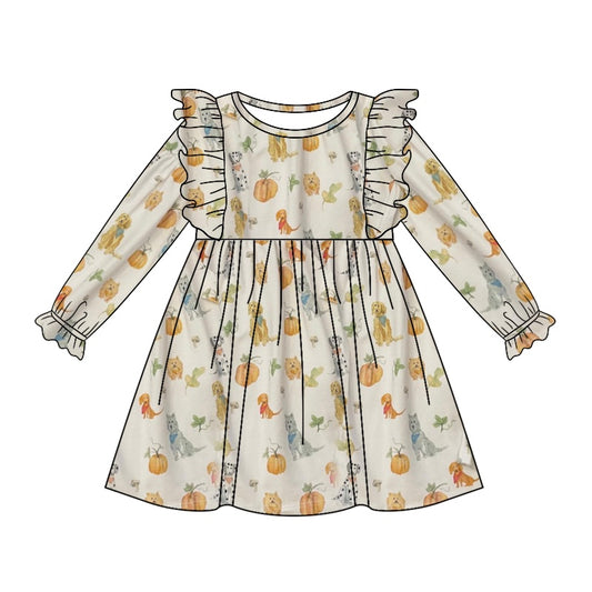 (Pre-order)GLD0549 Dog Pumpkin Print Girls Knee Length Fall Dress