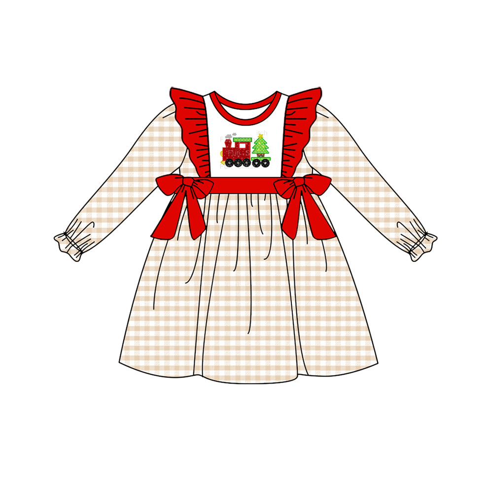 (Pre-order)GLD0552 Train Christmas Tree Print Girls Knee Length Dress