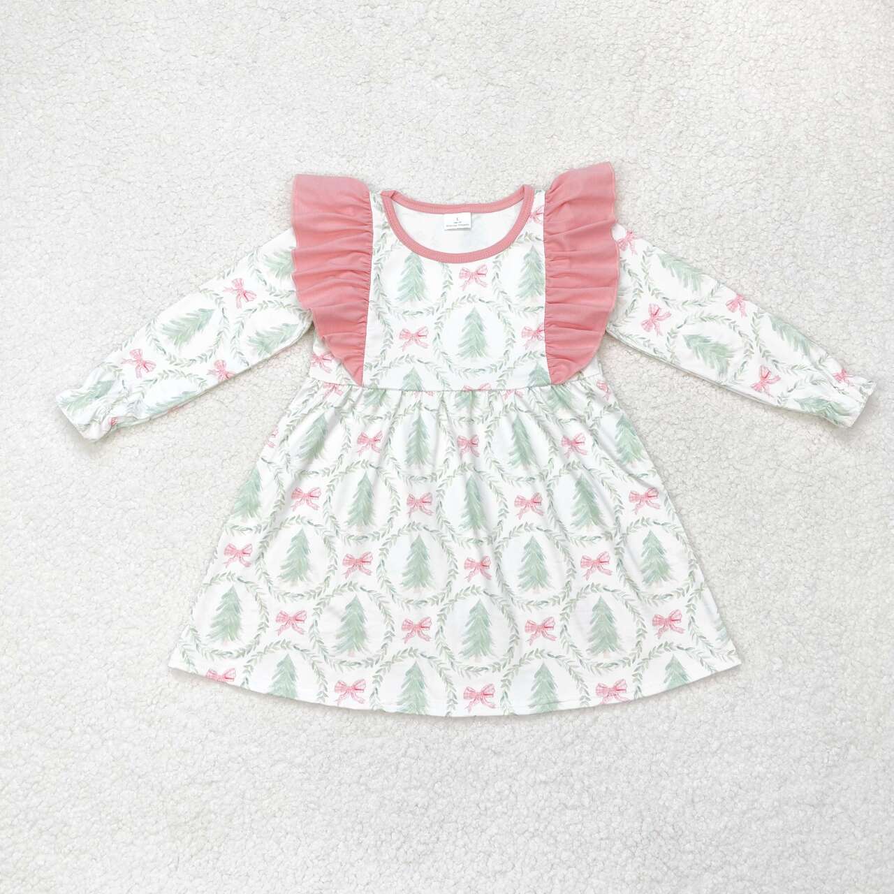 GLD0555 Christmas Tree Bows Print Girls Knee Length Dress