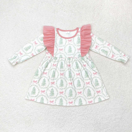 GLD0555 Christmas Tree Bows Print Girls Knee Length Dress