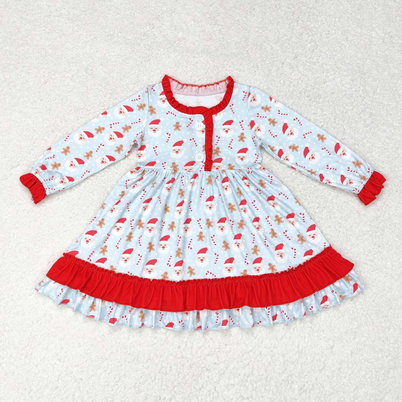 GLD0556 Santa Gingerbread Candy Cane Print Girls Knee Length Christmas Pajamas Dress