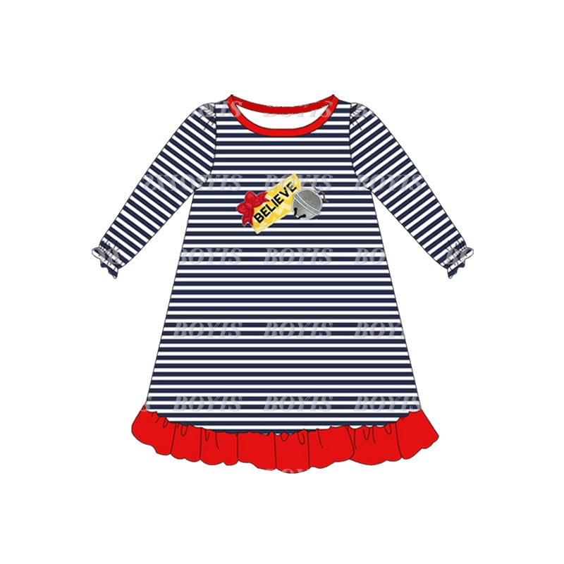 (Pre-order)GLD0557 Befieve Navy Stripes Print Girls Knee Length Christmas Pajamas Dress