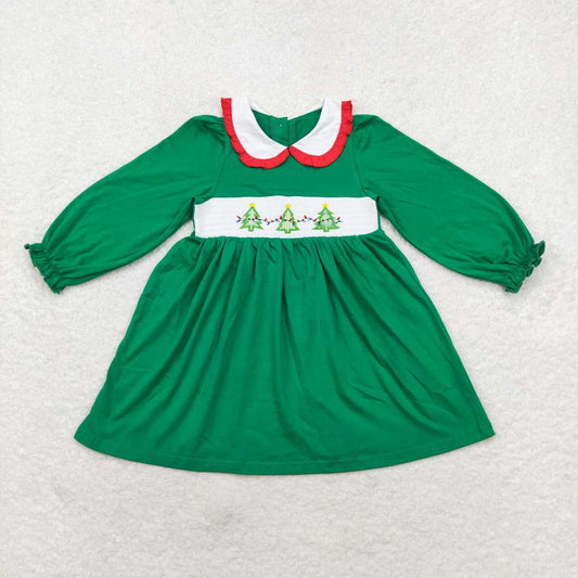 GLD0559 Christmas Tree Green Embroidery Girls Knee Length Dress