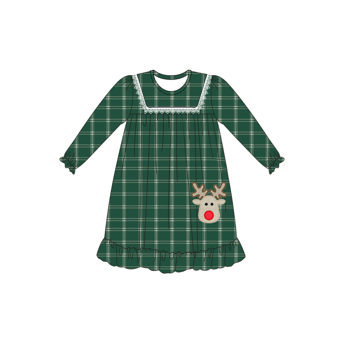 (Pre-order)GLD0561 Deer Green Plaid Print Girls Knee Length Christmas Dress