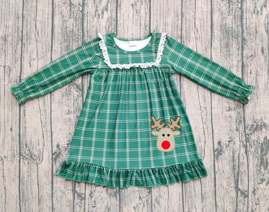 (Pre-order)GLD0561 Deer Green Plaid Print Girls Knee Length Christmas Dress