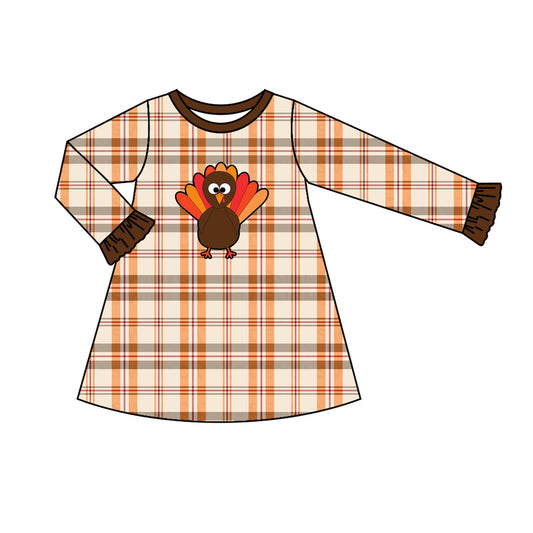 (Pre-order)GLD0574 Turkey Brown Plaid Print Girls Knee Length Thanksgiving Dress