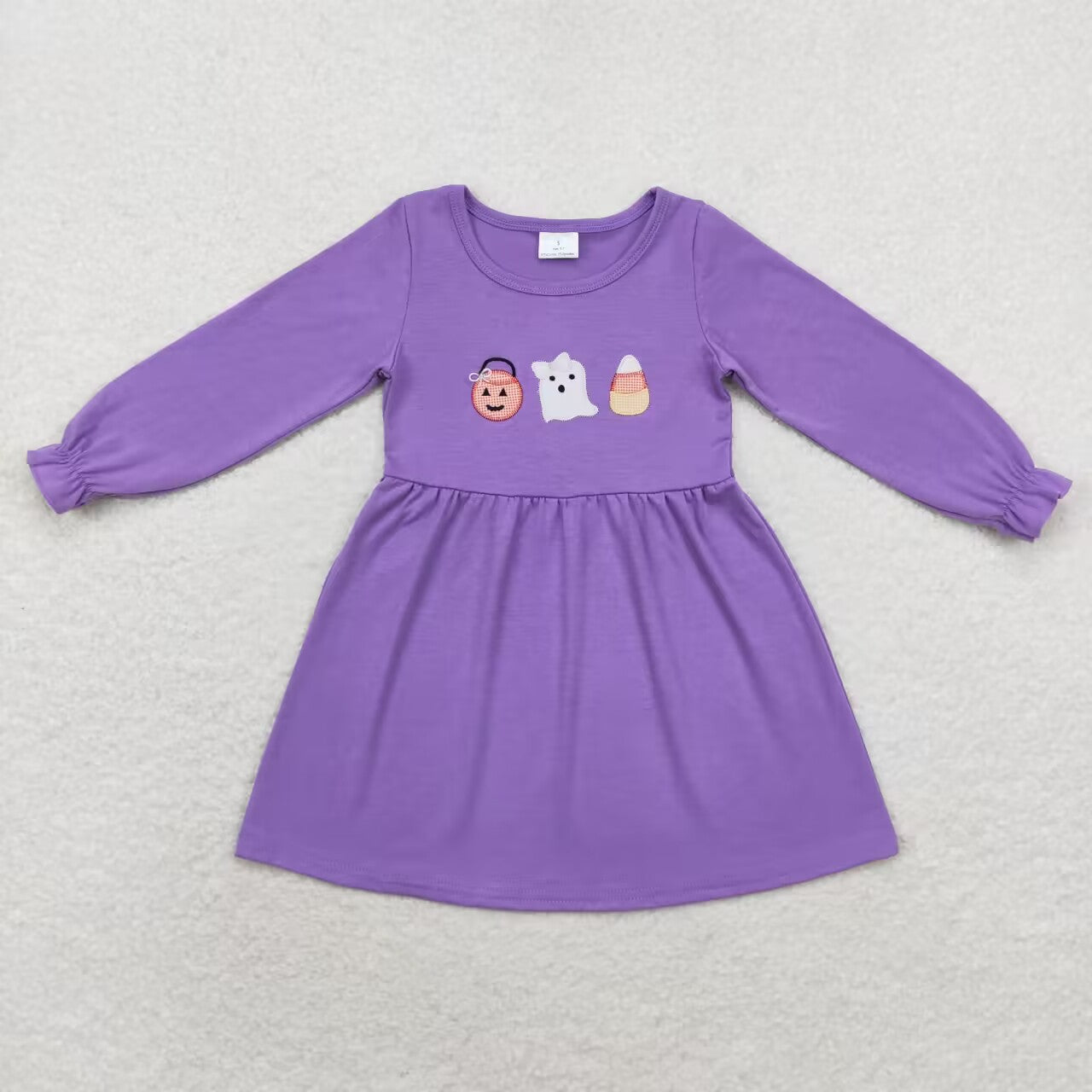 GLD0575 Ghost Candy Pumpkin Embroidery Purple Color Girls Knee Length Halloween Dress