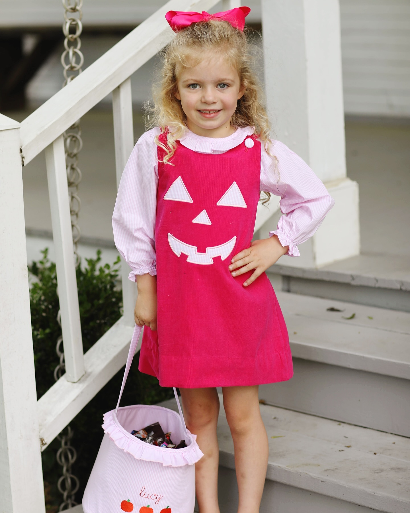 GLD0576 Pink Plaid Top Halloween Ghost Face Embroidery Dress Girls 2 Pieces Halloween Clothes Set