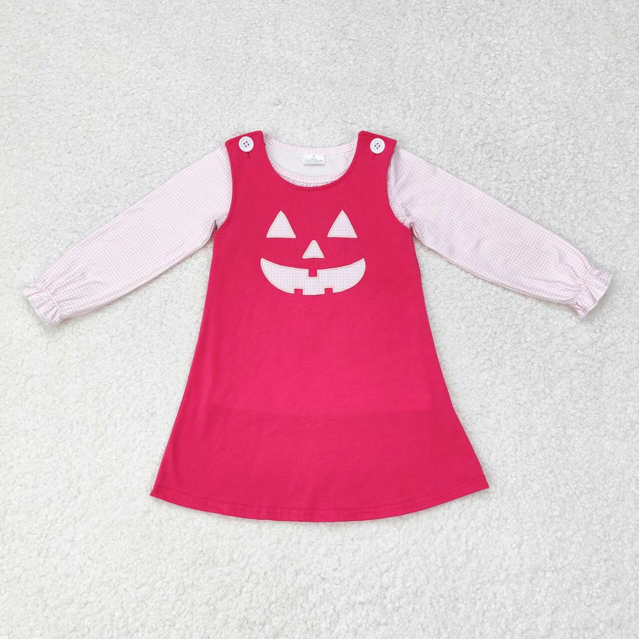 GLD0576 Pink Plaid Top Halloween Ghost Face Embroidery Dress Girls 2 Pieces Halloween Clothes Set