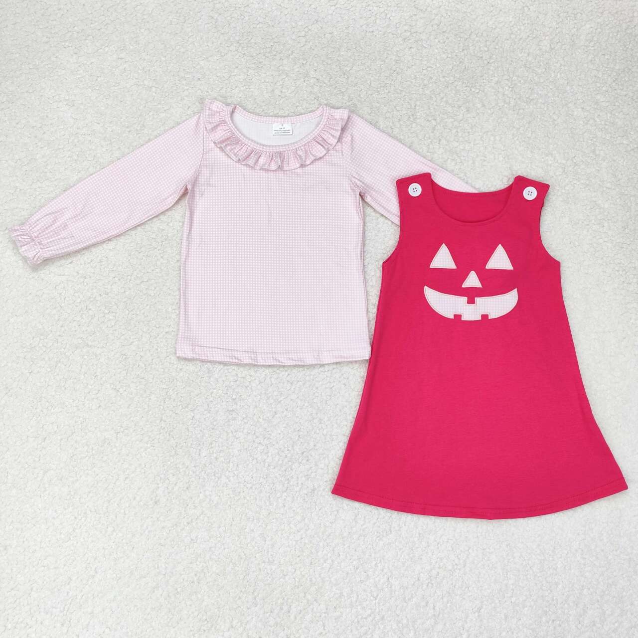 GLD0576 Pink Plaid Top Halloween Ghost Face Embroidery Dress Girls 2 Pieces Halloween Clothes Set