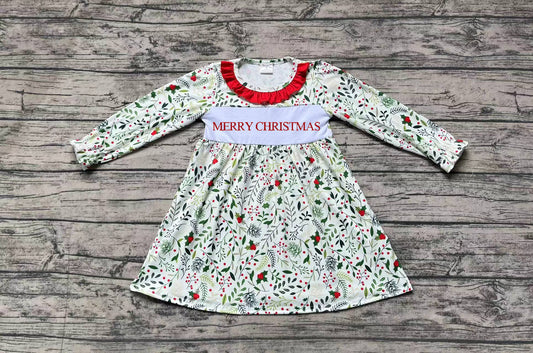 (Pre-order)GLD0579 Merry Christmas Holly Print Girls Knee Length Dress