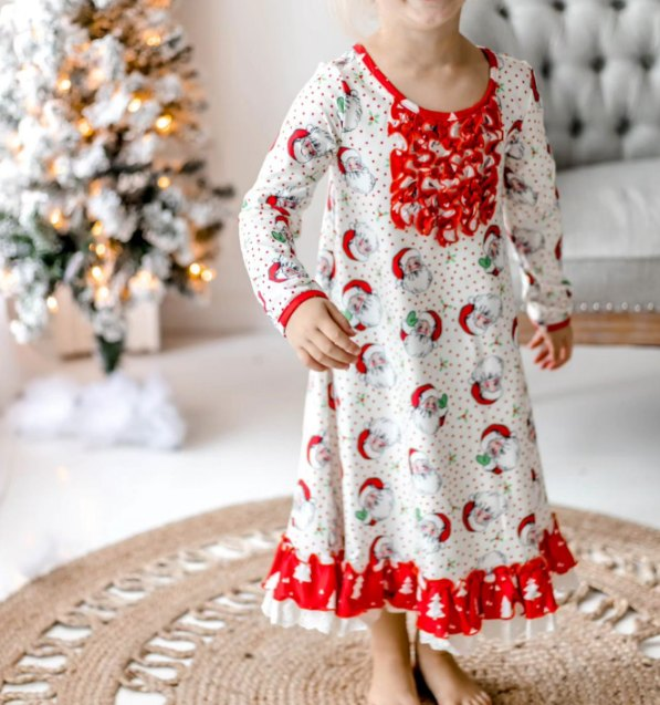 (Pre-order)GLD0587 Santa Print Girls Knee Length Christmas Dress