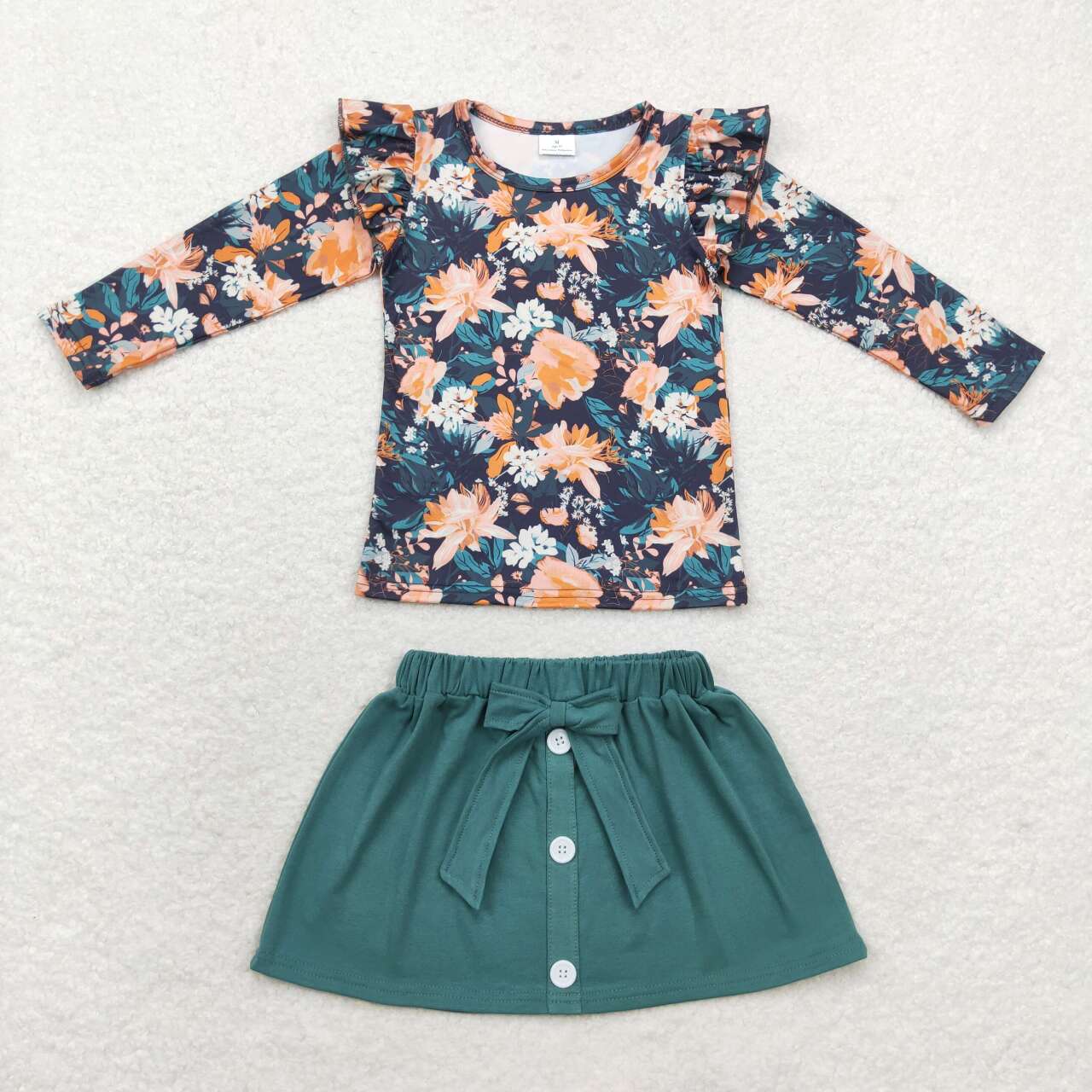 GLD0590 Flowers Top Green Skirts Girls Clothes Set