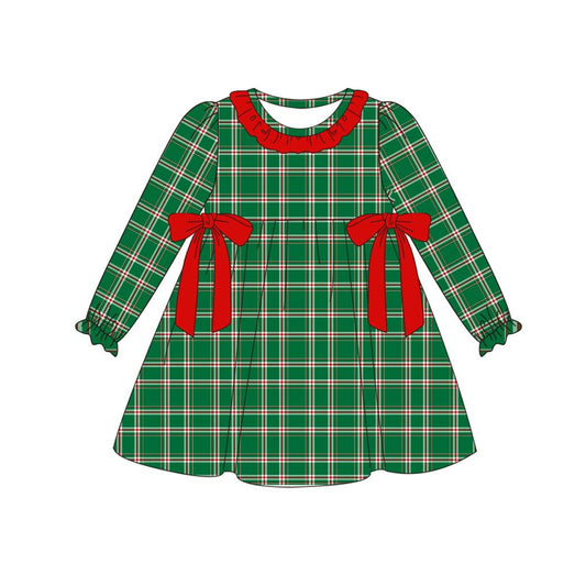 (Custom Design Preorder MOQ 5) Green Plaid Print Girls Knee Length Christmas Dress