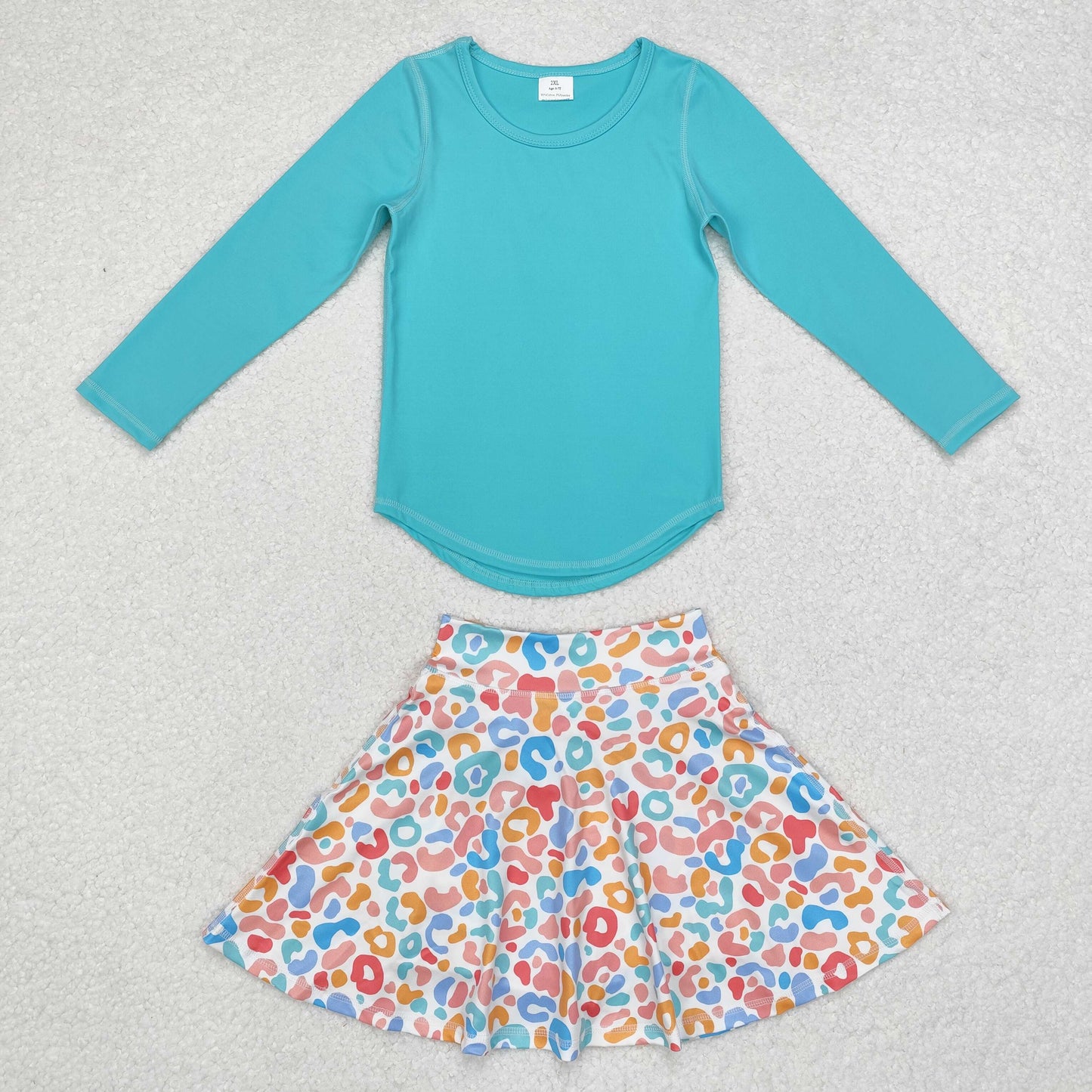 GLD0595 Blue Top Colorful Leopard Skirts With Shorts Girls Clothes Set