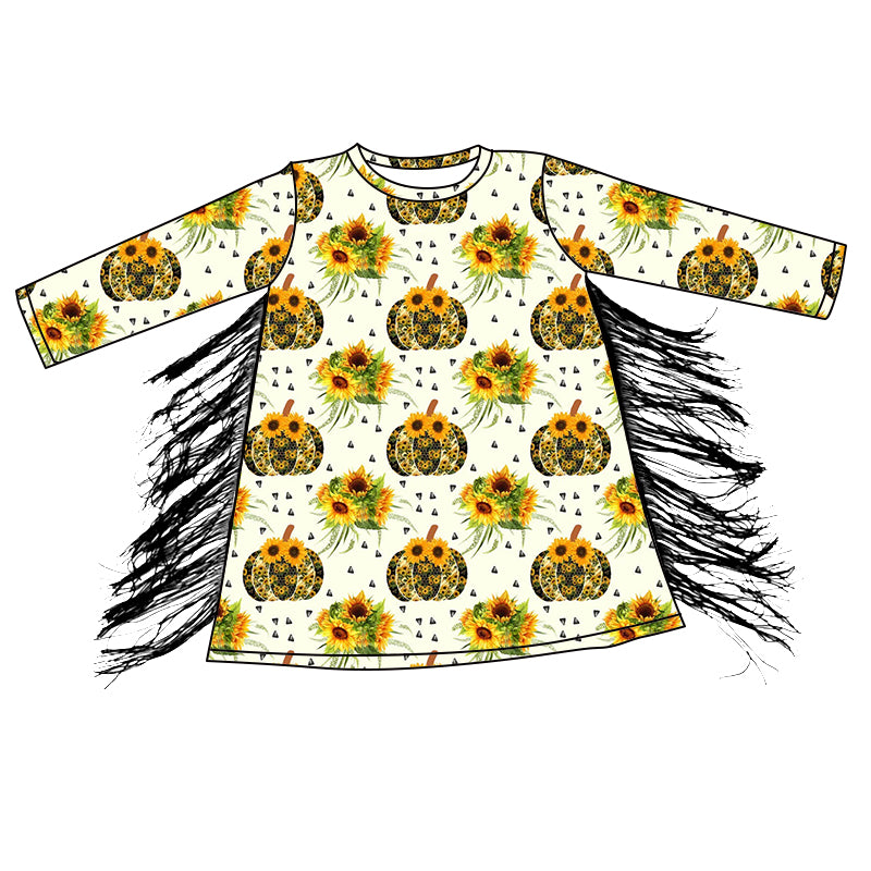 (Pre-order)GLD0596 Pumpkin Sunflowers Print Girls Knee Length Tassel Full Dress