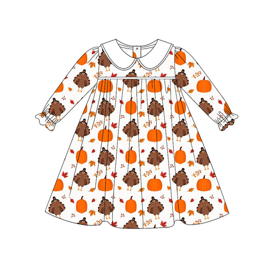 (Pre-order)GLD0607 Pumpkin Turkey Print Girls Knee Length Thanksgiving Dress