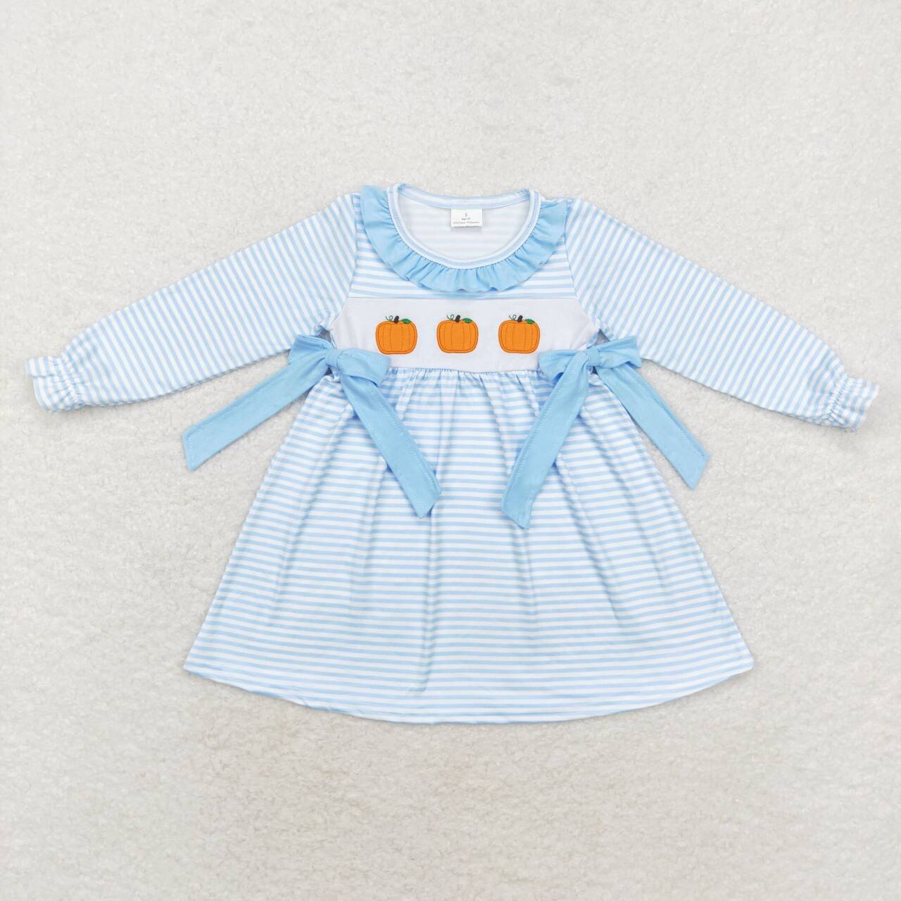 GLD0614 Pumpkin Embroidery Blue Stripes Print Girls Knee Length Fall Dress