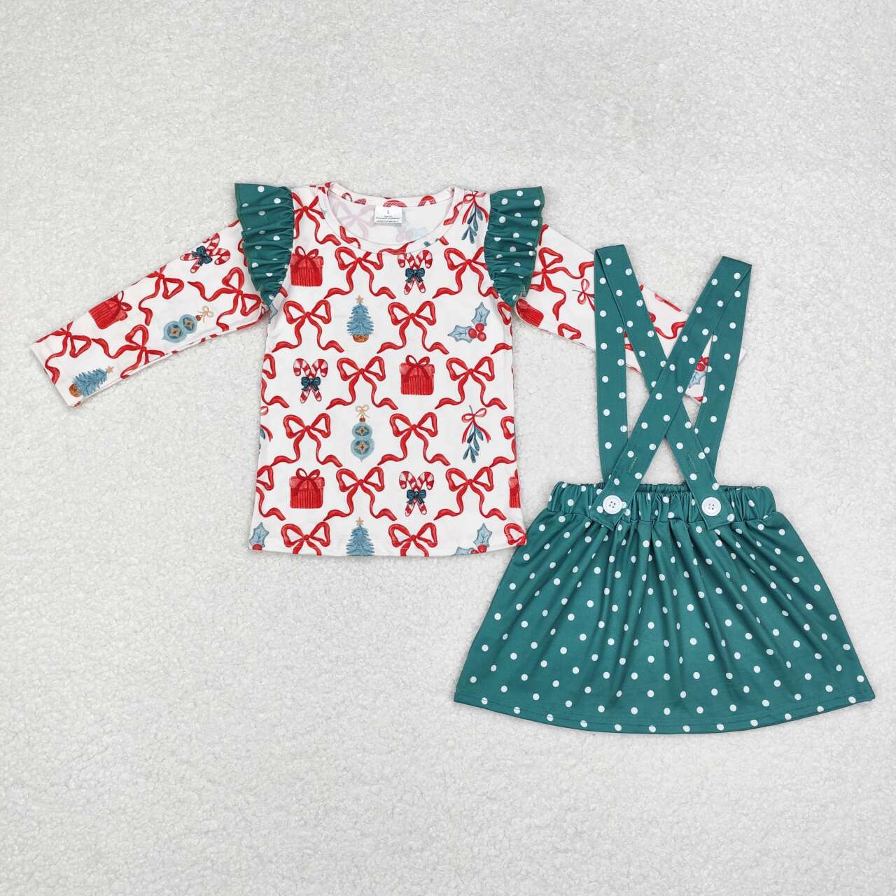 GLD0617 Candy Cane Bows Top Dots Skirts Girls Christmas Clothes Set