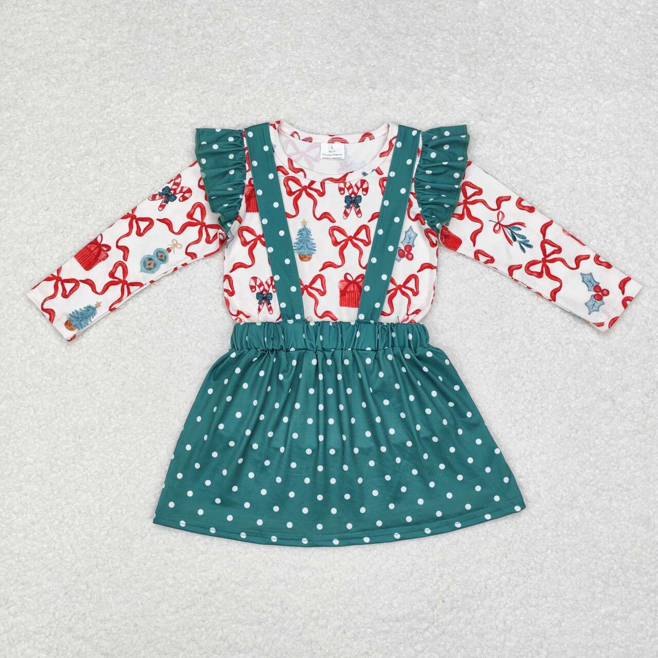 GLD0617 Candy Cane Bows Top Dots Skirts Girls Christmas Clothes Set