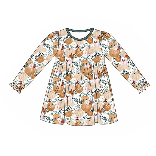 (Pre-order)GLD0625 Pumpkin Flowers Print Girls Knee Length Fall Dress