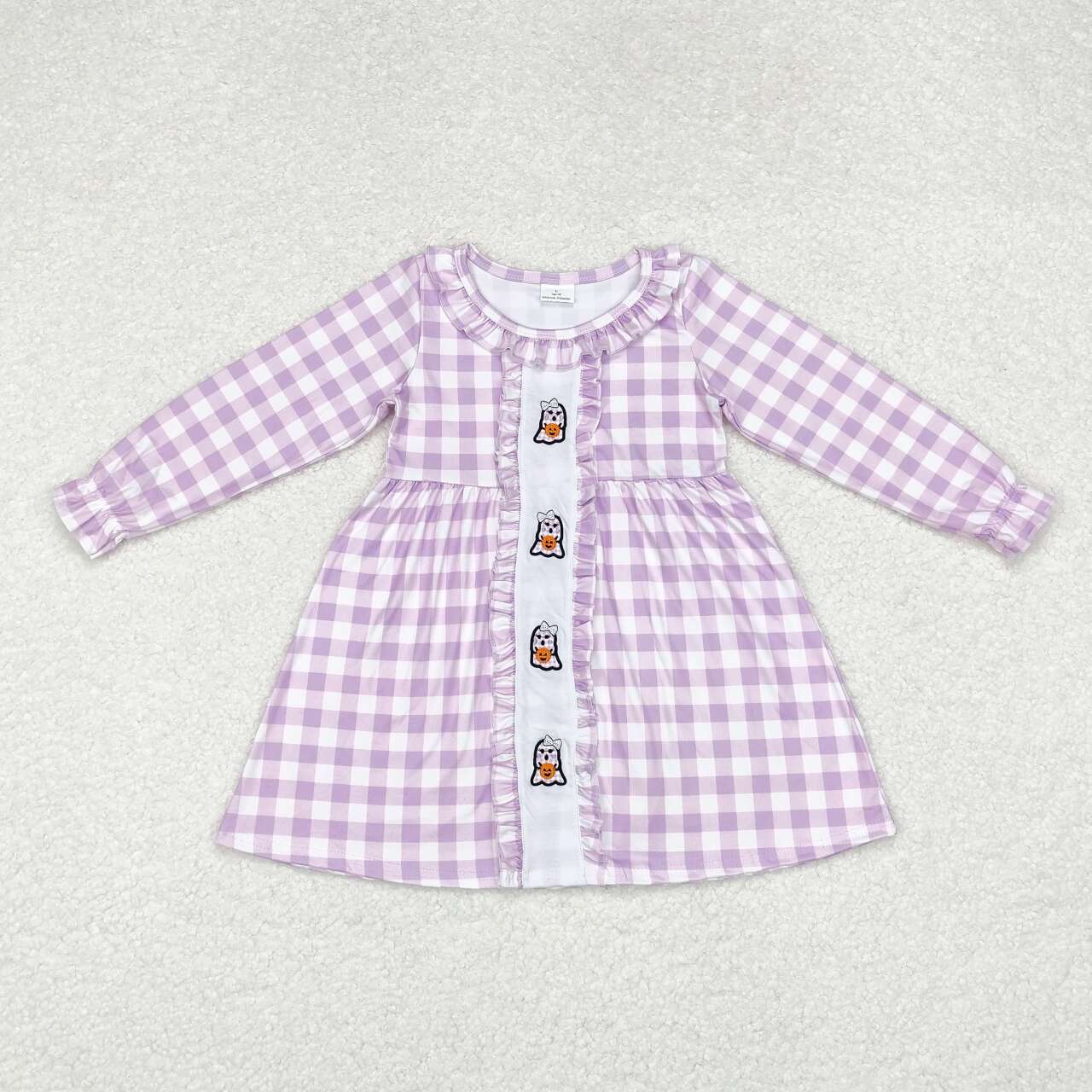 GLD0626 Ghost Pumpkin Embroidery Purple Plaid Print Girls Knee Length Halloween Dress