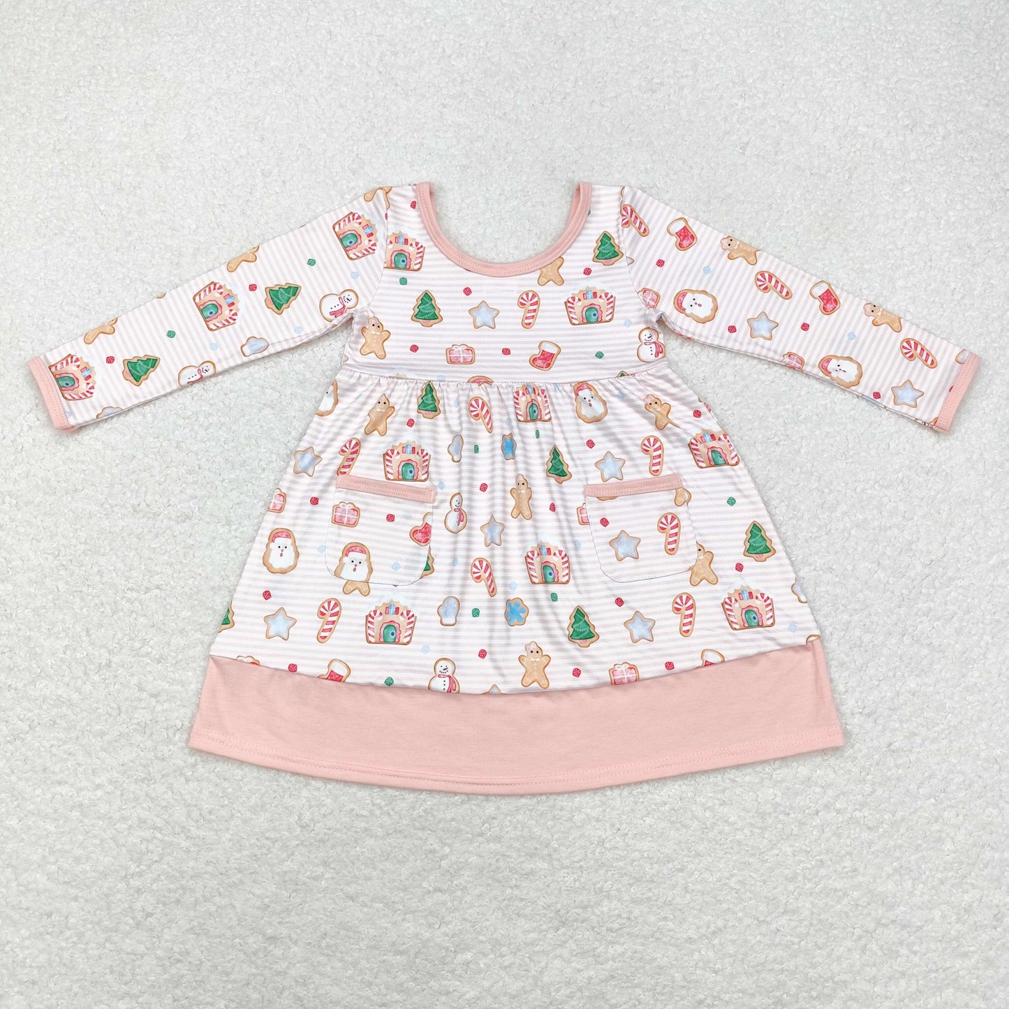 GLD0629 Gingerbread Candy House Print Pockets Girls Knee Length Christmas Dress