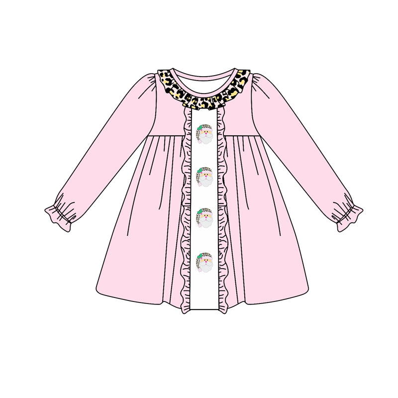 (Pre-order)GLD0633 Santa Pink Print Girls Knee Length Christmas Dress