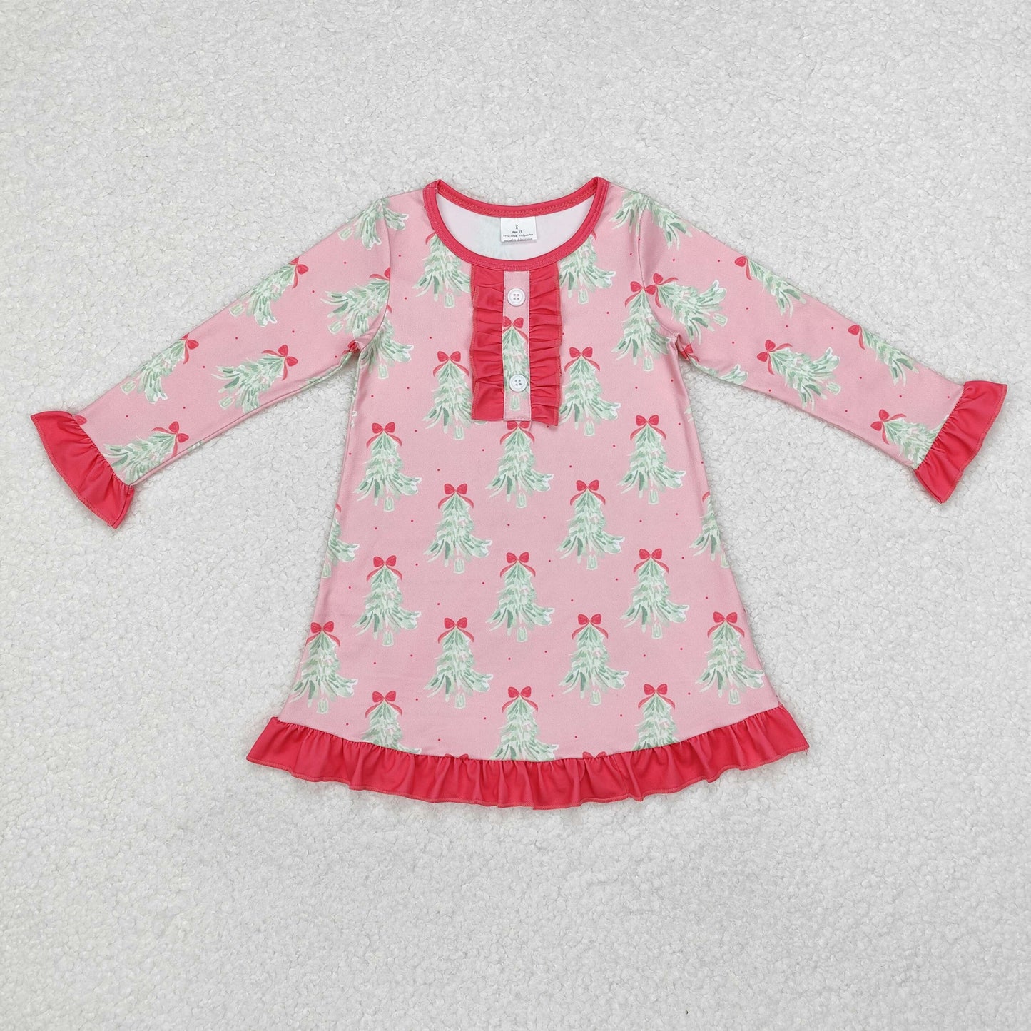 GLD0636 Christmas Tree Pink Print Girls Knee Length Dress