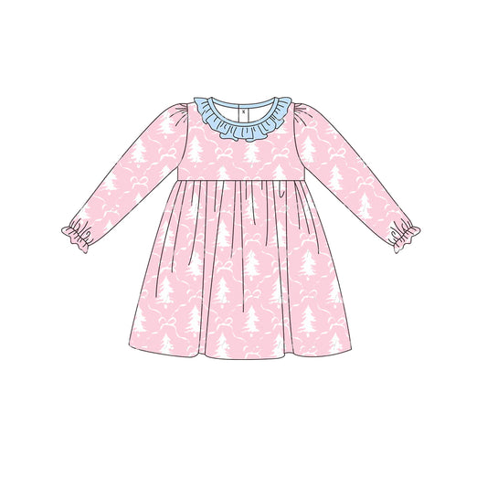 (Pre-order)GLD0639  Bows Christmas Tree Pink Print Girls Knee Length Dress