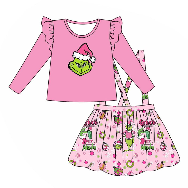 (Pre-order)GLD0641 Green Frog Pink Top Skirts Girls Christmas Clothes Set